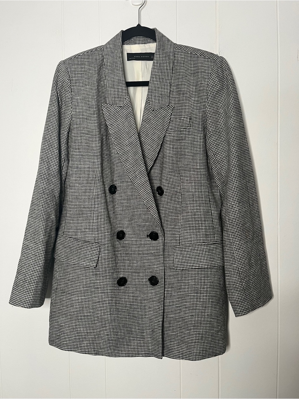 Zara Classic Black & White Houndstooth Double-Breasted Blazer